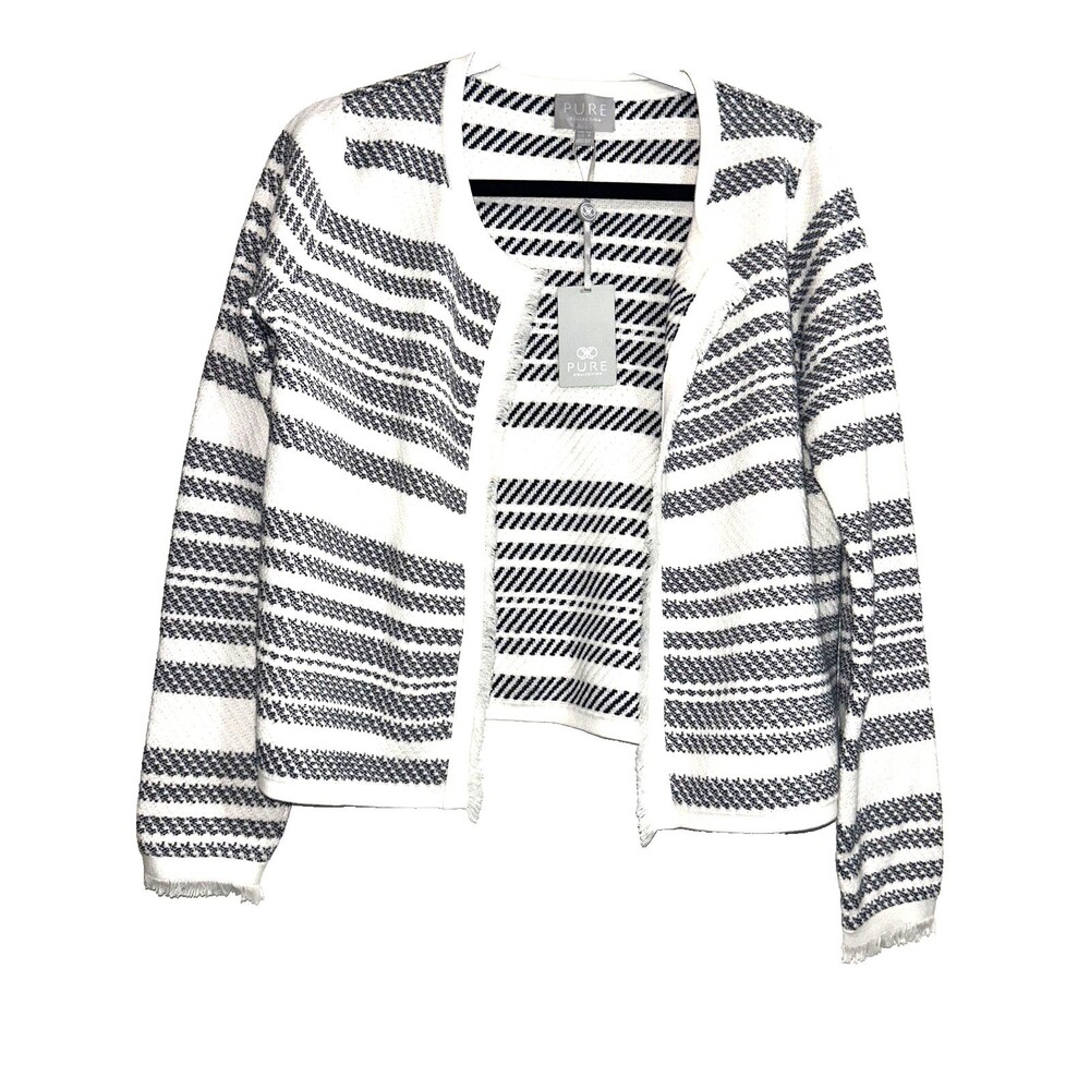 PURE UK Women's Knitted Cotton Jacket size 6US/12UK Striped Open Front Fringe